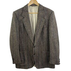 VTG HARRIS TWEED Blazer Sport Coat Jacket Herringbone Wool Size 44L Brown FLAW